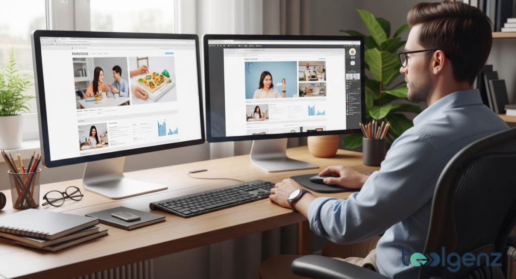 A man with glasses sits at a desk with two large monitors, working on a content management system. A plant and a window are in the background.