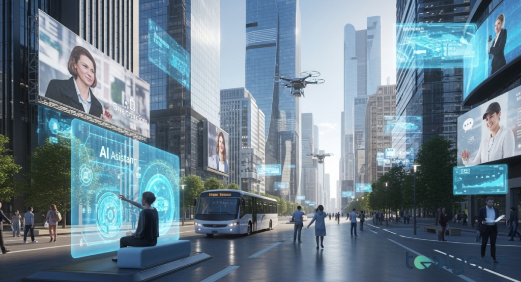 A futuristic city street featuring giant digital billboards of AI assistants, delivery drones in flight, and pedestrians using holographic interfaces. The scene illustrates the societal integration of advanced digital systems.