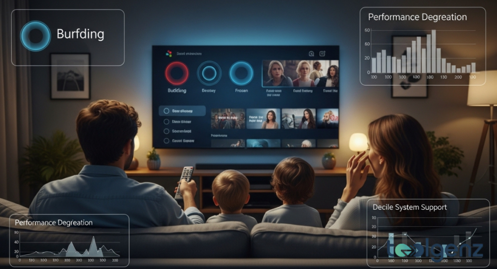 A frustrated user sits in a dark living room facing a TV screen showing error warnings from the Amazon Fire TV Stick Lawsuit.
A Fire TV remote rests on a table beside a tablet displaying a crash screen with red and blue light.