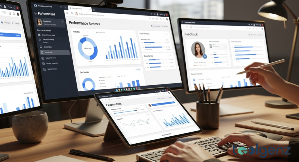 A person interacts with a large glass touchscreen displaying icons for performance reviews, goal tracking, and continuous feedback loops.