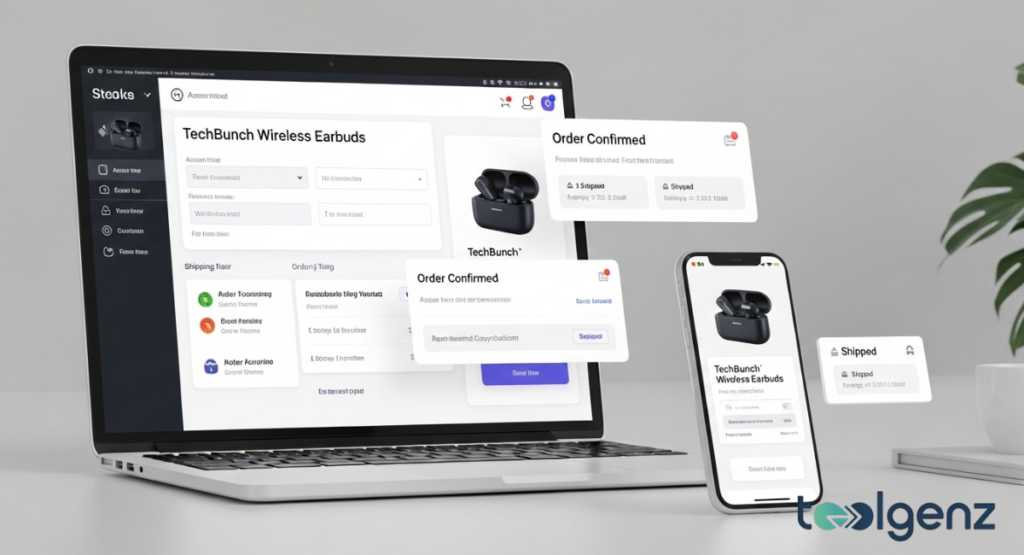 A clean website interface shows an "Account Overview" page with options to track recent orders and manage personal profiles.