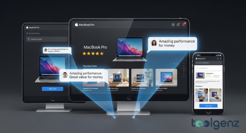 A desktop monitor and phone show a MacBook Pro product page with star ratings. Speech bubbles highlight “Amazing performance” and “Great value for money.”
