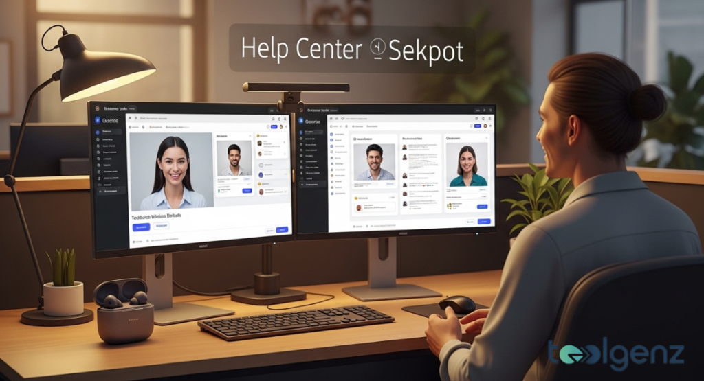 A customer service representative wears a headset in a bright office, with icons for phone, email, and live chat support nearby.