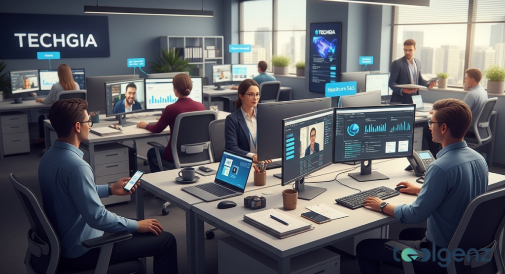 An open-plan office where employees engage in video calls and manage various data streams on wide-screen computer setups.