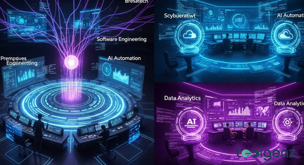 A multi-panel graphic showcasing high-energy hubs for software engineering, AI automation, and advanced data analytics.