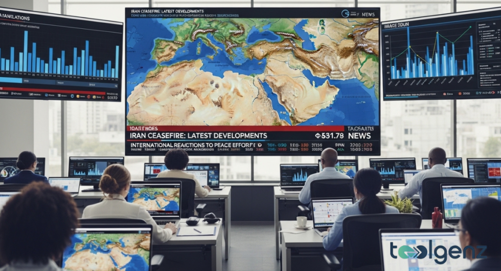 Multiple monitors in a professional office display global news, focusing on an international ceasefire.