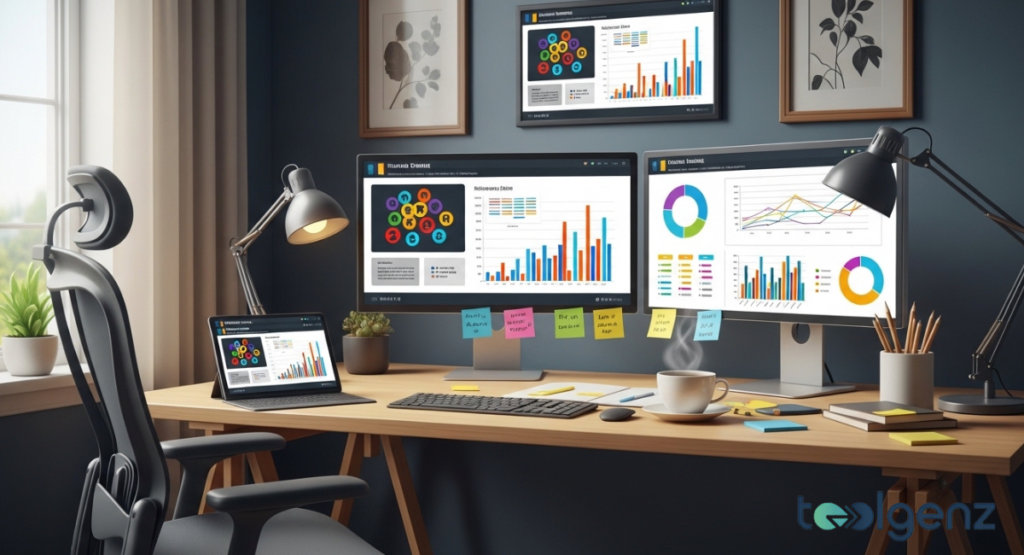 A workstation features several monitors displaying colorful data visualizations, charts, and digital sticky notes for session planning.