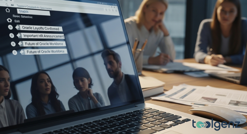 Close-up of a laptop screen listing HR announcements in a meeting room. Blurred colleagues review documents while headlines scroll.
