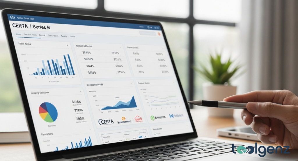 A hand with a pen points to a laptop dashboard titled “Series B,” showing bar charts, pie graphs, and financial metrics.