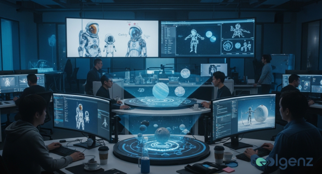 Game developers work at monitors showing astronaut concepts and planetary holograms. Multiple screens display character models and environment designs in a modern studio.