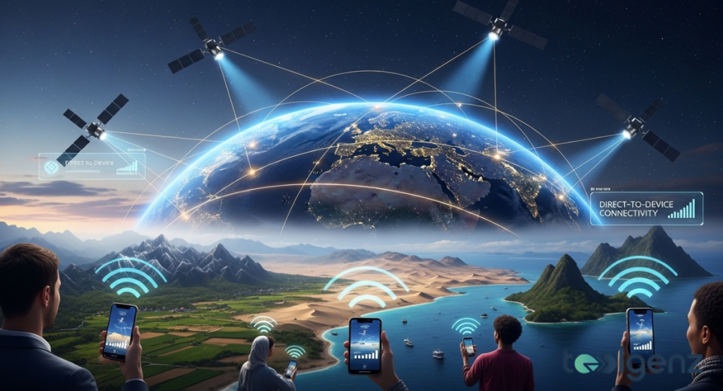 Four satellites beam signals to people using smartphones across mountains, deserts, and islands around a glowing Earth.