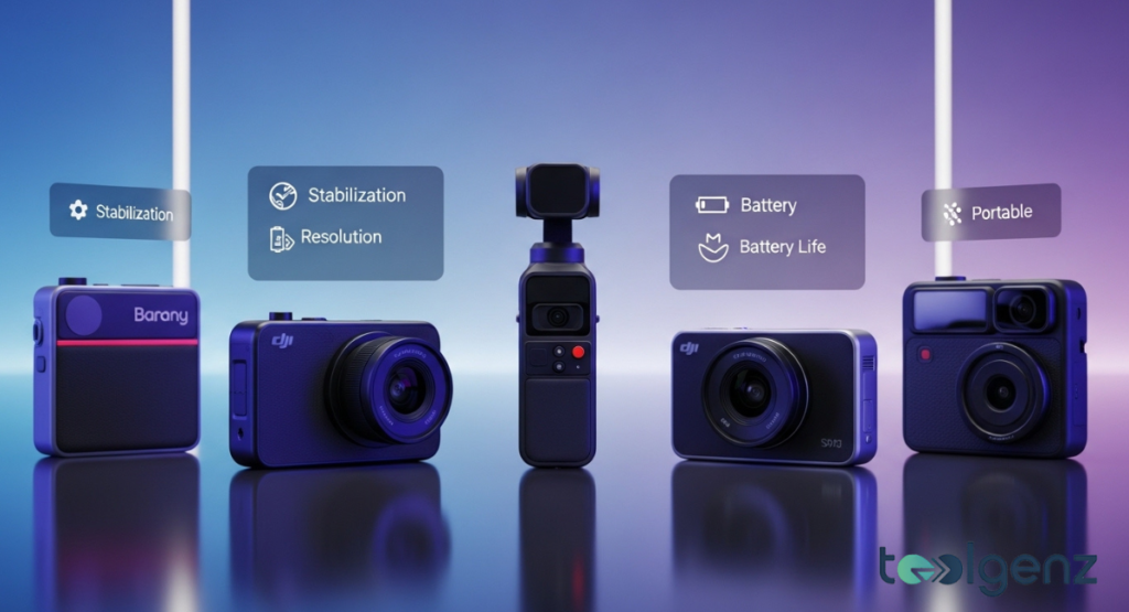 Five compact vlogging cameras sit side by side with UI tags for stabilization, resolution, battery life, and portability.