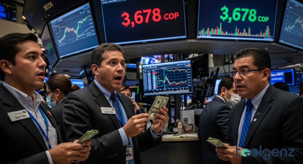 Traders in suits looking surprised and energetic on a busy stock exchange floor in front of large red and green displays. The screens show the Colombian Peso trading at a rate of 3,678 COP.