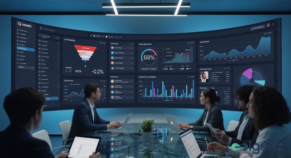 A team of marketing editors sits around a glass table in a blue-lit room analyzing a massive curved display of campaign analytics.