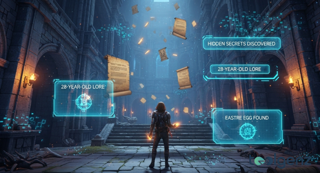 An adventurer stands in a torch-lit stone hall as glowing scrolls and UI panels read “28-YEAR-OLD LORE” and “EASTER EGG FOUND.”