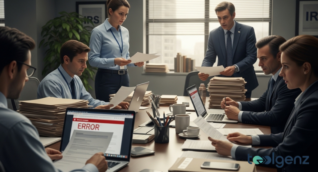 A wide-angle view of a modern corporate office building with a glass facade reflecting the blue sky. Green trees and a manicured lawn frame the entrance of the high-rise structure.