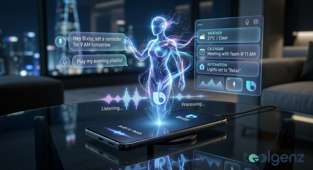 Bixby AI hologram rises from a wireless charging phone on a glass table, displaying weather, calendar, and home automation cards with active voice waveforms.