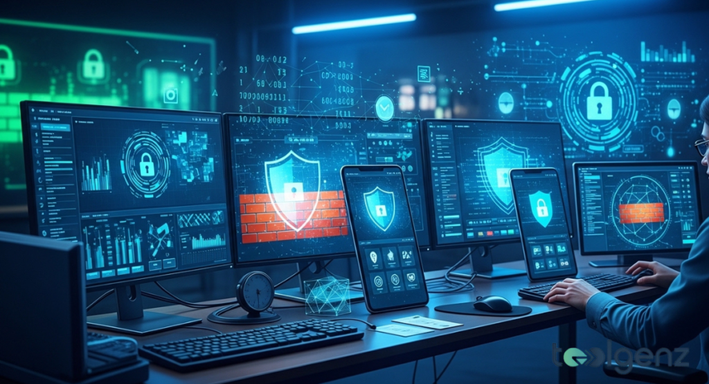 A high-security operations center with multiple monitors displaying shield icons and digital locks. Tablets and phones are integrated into a protected network with firewall visualizations.