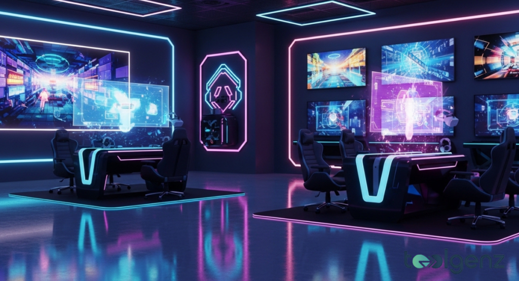Neon-lit gaming arena with two illuminated desks, ergonomic chairs, and large wall screens. Holographic game interfaces hover above the stations in cyan and magenta.