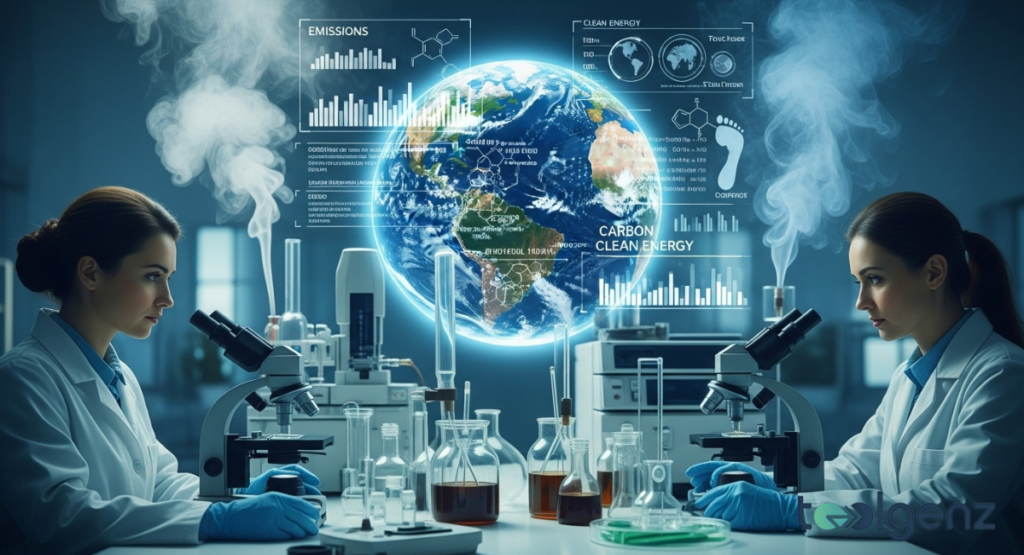 Two lab technicians study beakers and microscopes while a glowing Earth hologram shows emissions data. Charts for carbon output, particulates, and clean energy targets surround the chemical analysis setup.