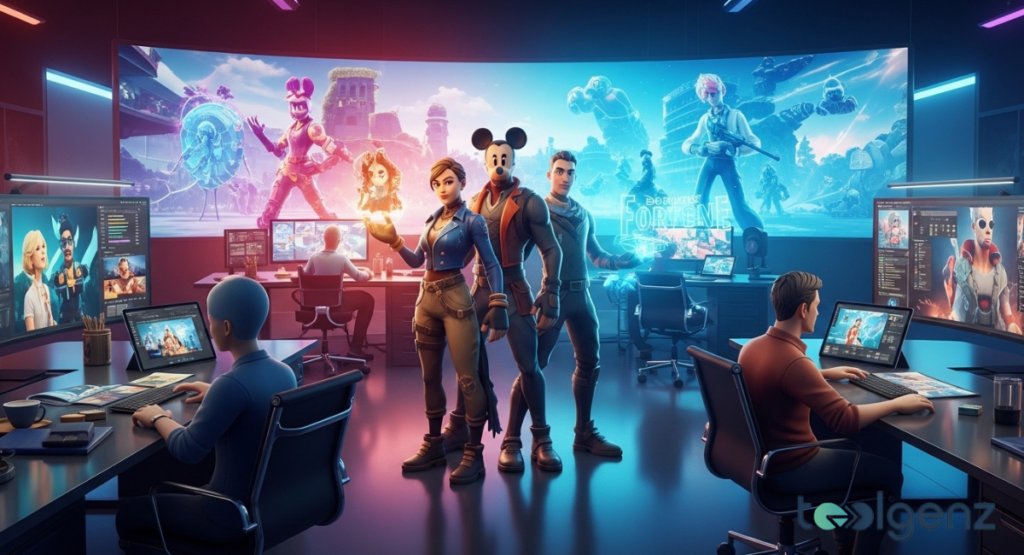 A team of artists and developers in a modern studio, surrounded by computer monitors, working on various game character designs.