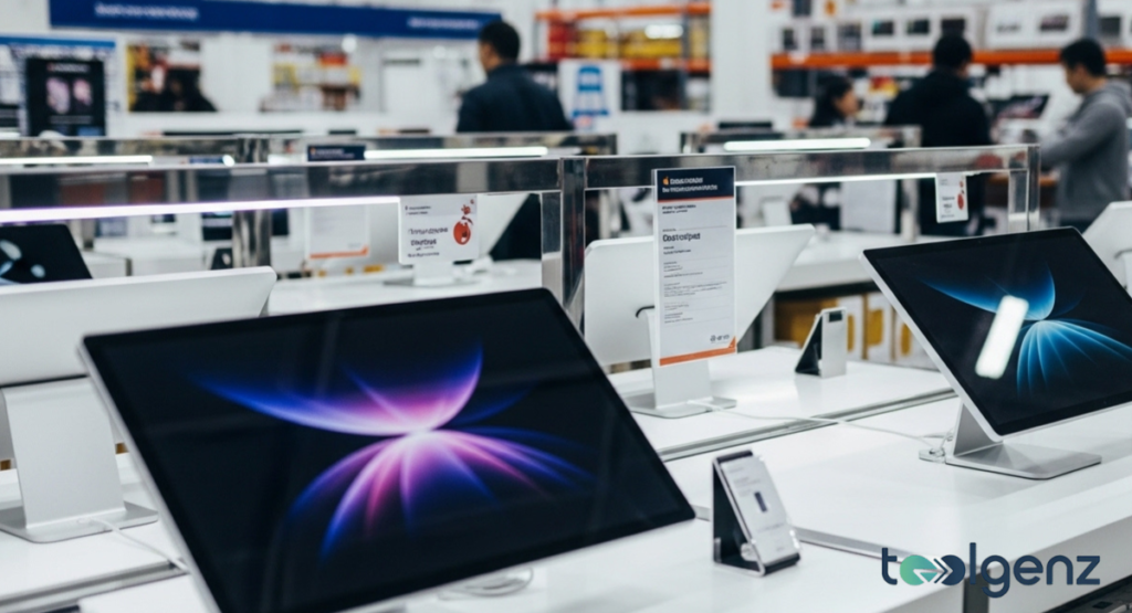 Row of sleek portable monitors on display in a brightly lit retail warehouse setting with customers blurred in the background.