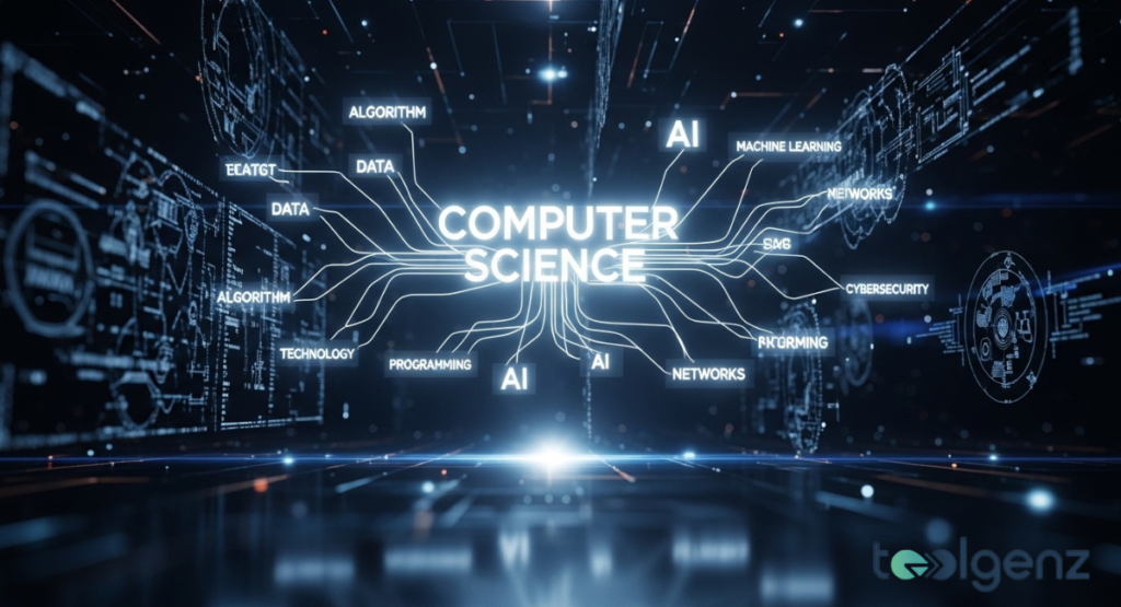 A central "Computer Science" logo with glowing blue circuit lines branching out to various tech keywords.