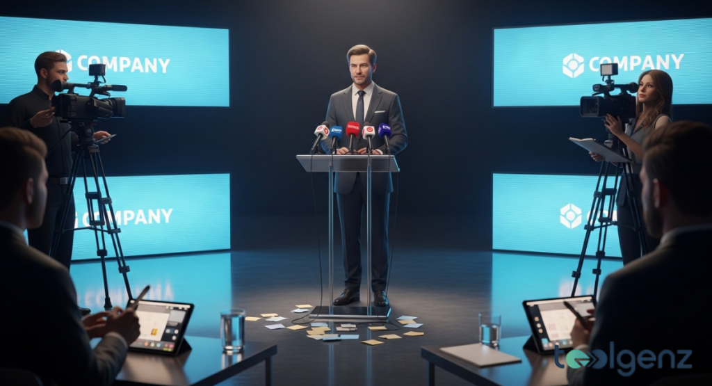 A male spokesperson stands behind a podium with multiple microphones, facing a room of reporters and television cameras during a press conference.