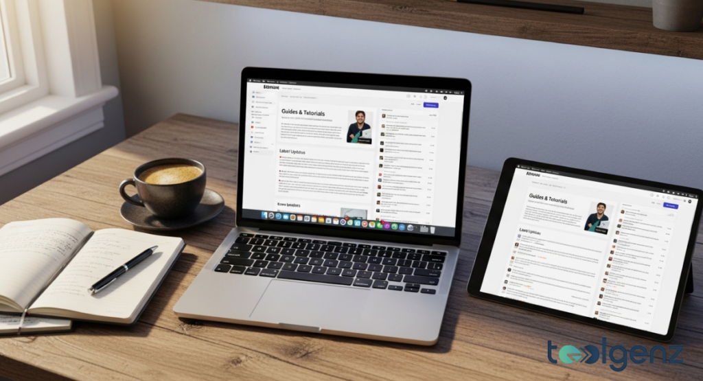 A MacBook and an iPad on a wooden desk showing a "Guides & Tutorials" webpage next to a cup of coffee.