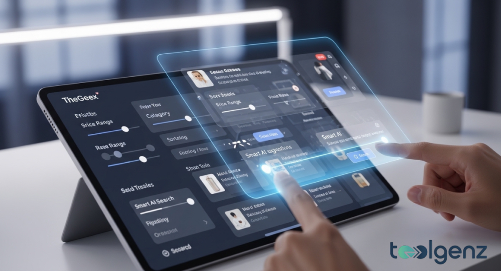 Close-up of a hand using a tablet with a floating holographic overlay to adjust price ranges and category filters.