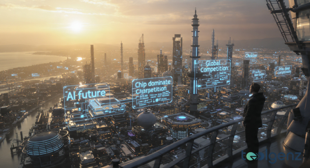 A person stands on a high balcony overlooking a futuristic industrial city at sunrise with glowing holograms reading “AI future” and “Chip dominate competition.” Additional panels for “Global Competition” float above dense towers, ports, and illuminated infrastructure.