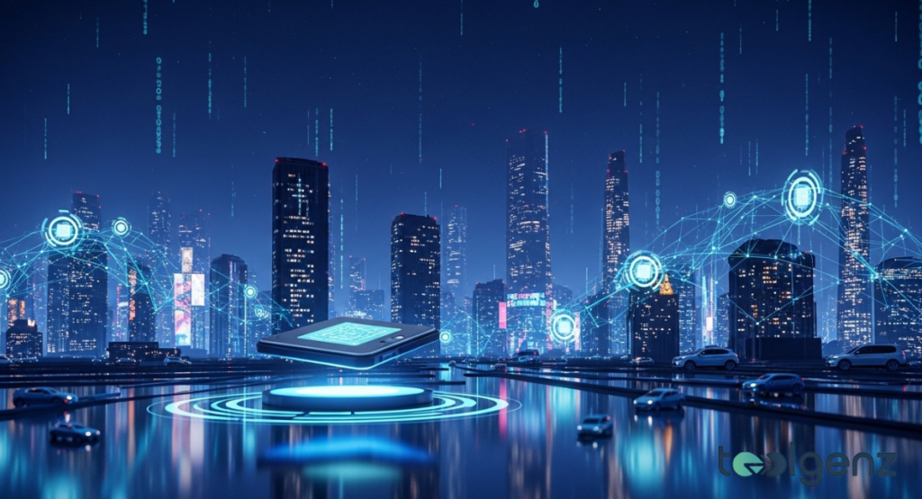 A futuristic cityscape at night featuring interconnected digital nodes and a floating smartphone interface.