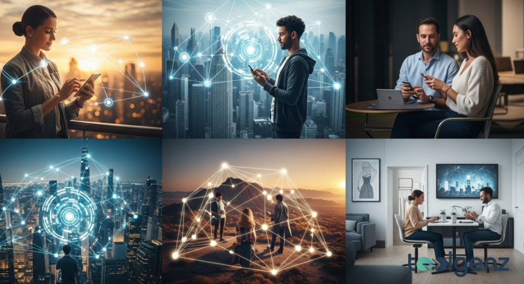Technicians monitoring large-scale data analytics walls in a dark, neon-accented control room. Real-time performance metrics and system health charts fill the high-resolution screens.