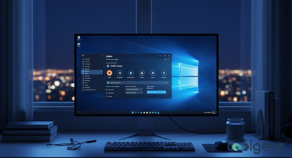 A calm nighttime desk scene with a monitor showing a settings panel labeled “Stable” and multiple toggles. City lights blur behind the window while the system reports all protection features are active.