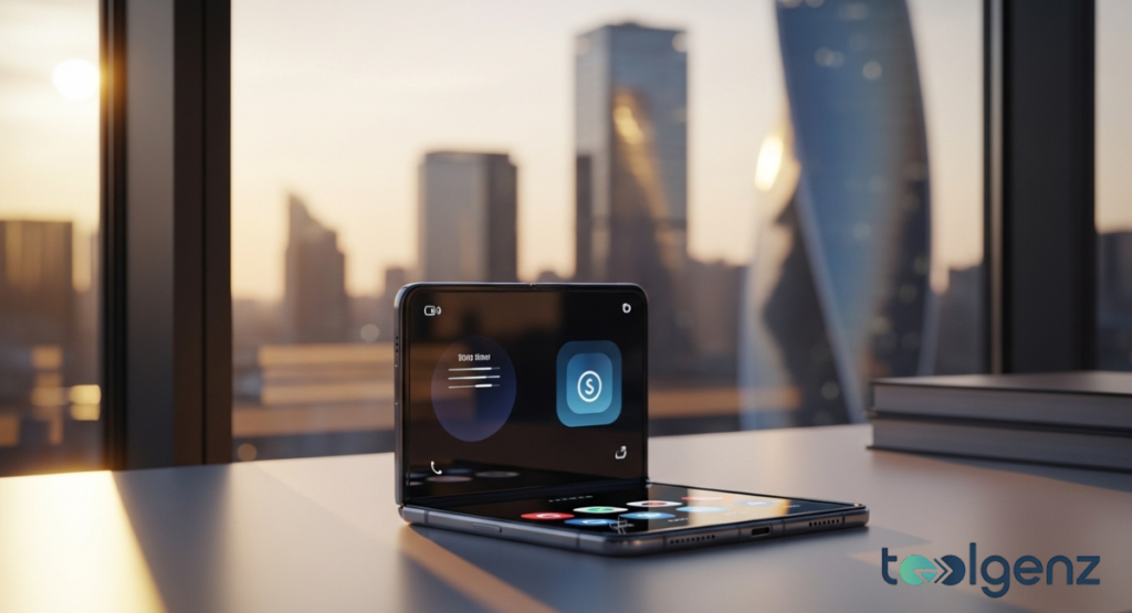 A sleek foldable phone sits open on a desk at golden hour with a blurred city skyline through office windows.