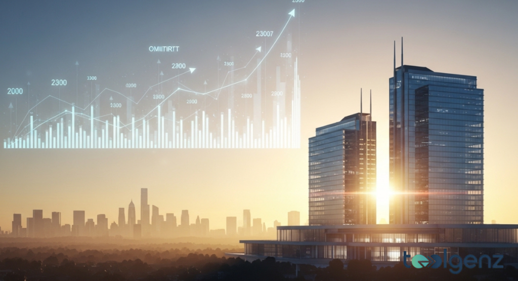 An upward-trending growth chart floats above a modern corporate headquarters at sunset. This visual highlights the AEVEX potential for long-term expansion and market leadership.