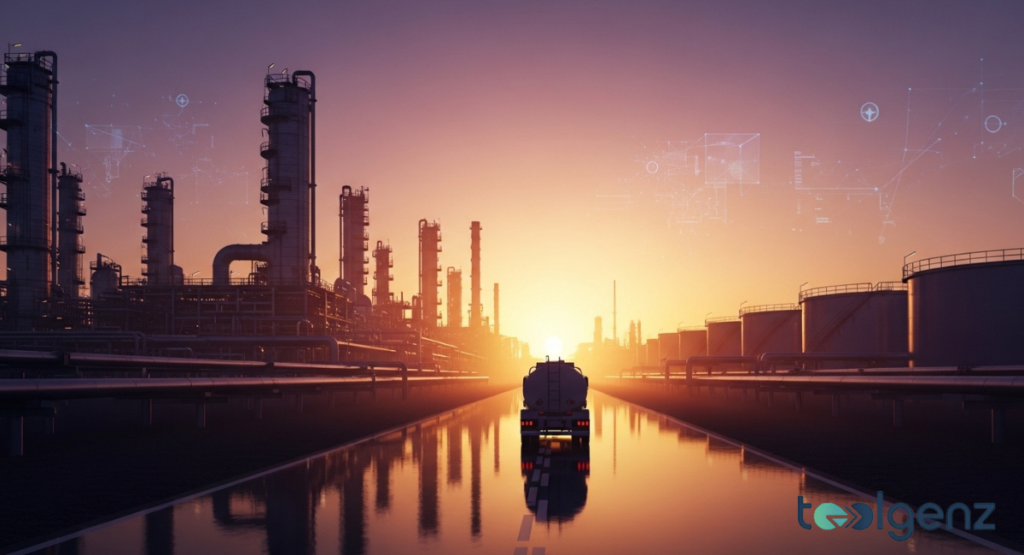 A tanker truck drives toward a refinery at sunrise as golden light reflects off wet pavement and storage tanks.