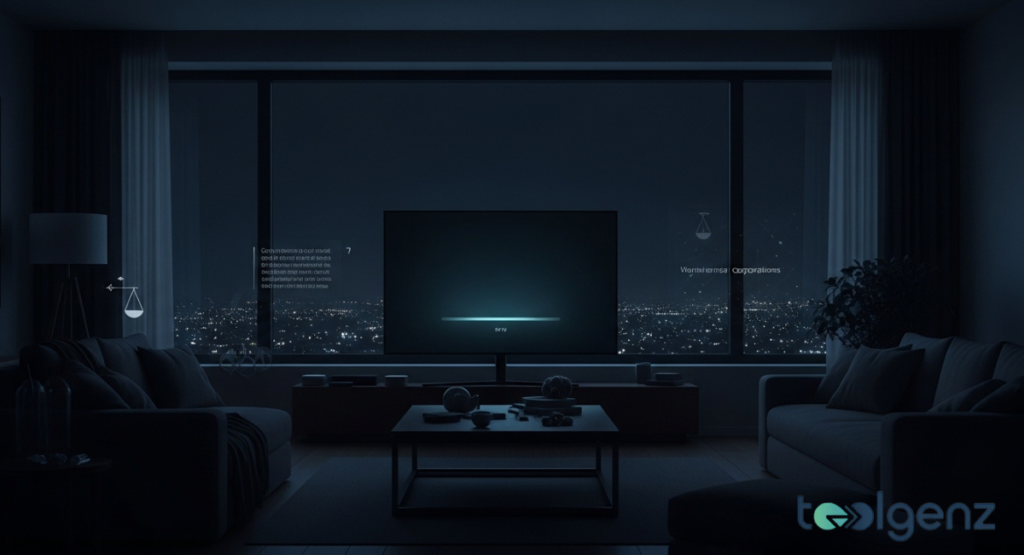 Dark living room at night with a blank TV glowing faintly and city lights visible outside. Holographic scales of justice and text about consumer rights float beside the screen.