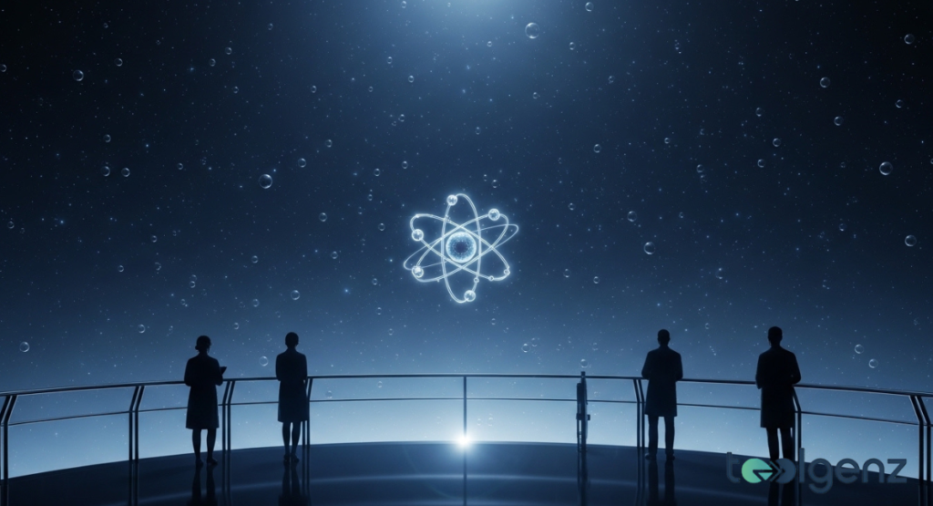 Four silhouetted figures stand on an observatory deck gazing at a glowing atom in the stars. Soft light and floating orbs evoke wonder beneath an expansive cosmic sky.