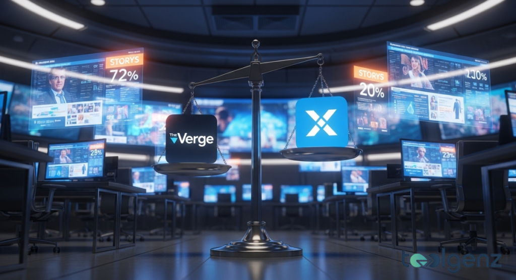 A metaphorical scale in a futuristic server room balancing The Verge’s logo against the X logo. Holographic data displays in the background show percentage-based engagement statistics.