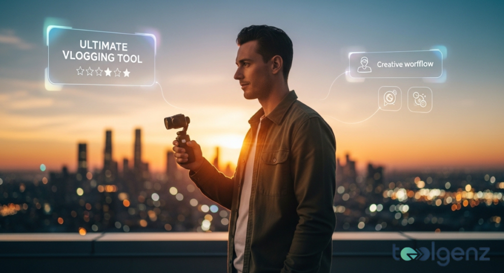 A creator holds a gimbal camera on a rooftop at sunset as holographic badges read “Ultimate Vlogging Tool” and “Creative Workflow.”