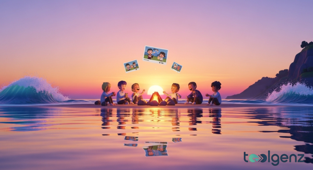 Six Mii characters sit around a beach campfire at sunset as photo memories float above them. The calm waves and pink sky frame a reflective end-of-day moment on the island.