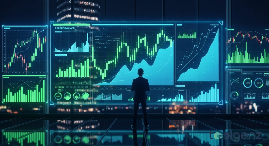 A silhouette of an analyst standing before an expansive wall of glowing green and blue financial charts. The displays show upward-trending stock market data and performance metrics.