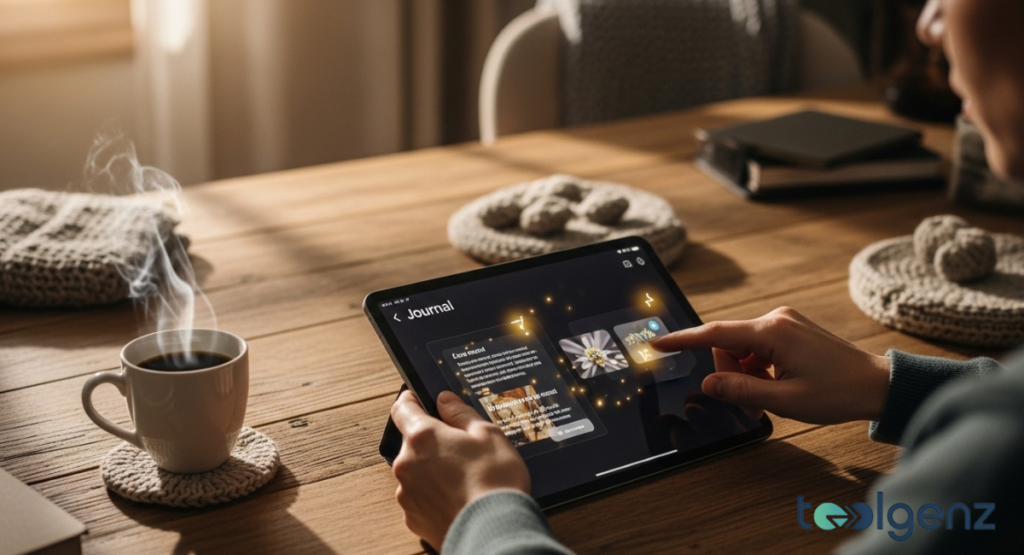 A person’s hands holding a tablet on a wooden table next to a steaming cup of coffee. The screen shows a digital journal interface with glowing light effects and photo entries.