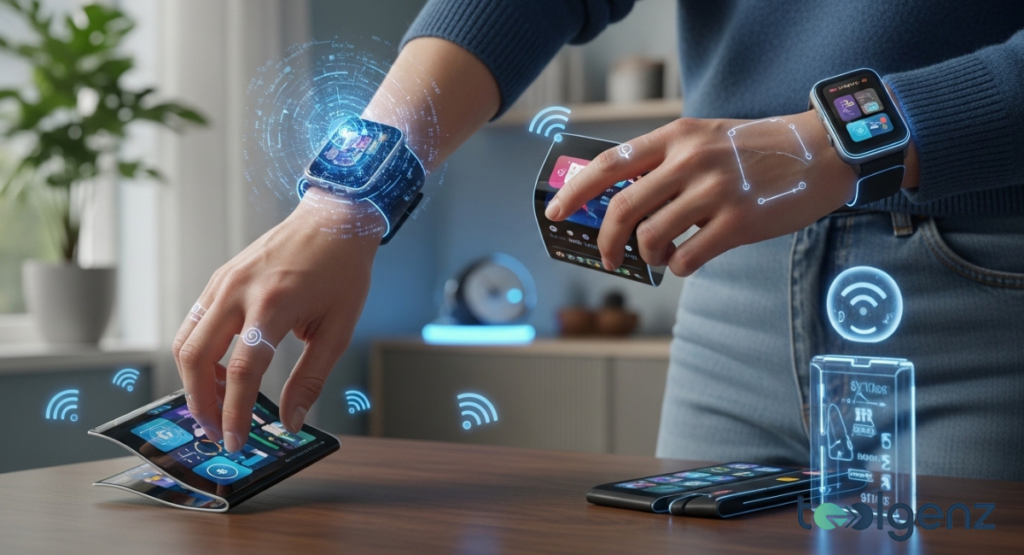 A person interacts with a variety of flexible smartphones and advanced smartwatches that display glowing holographic interfaces.