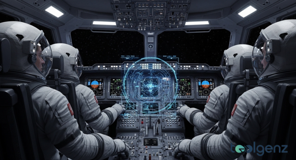 Interior view of a spacecraft cockpit featuring advanced holographic displays and four crew members.