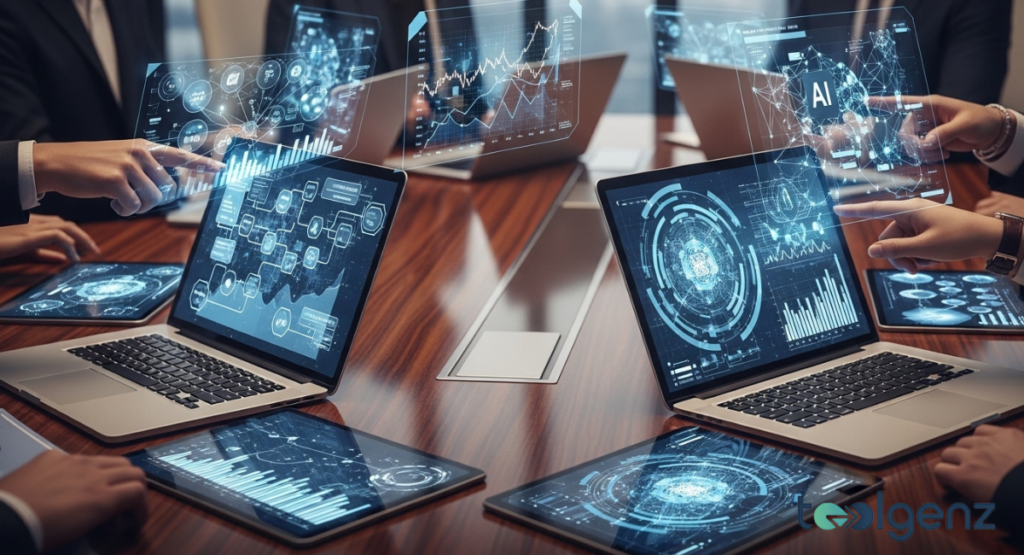 A collaborative team environment with several laptops and holographic overlays showing AI networks and stock market trends.