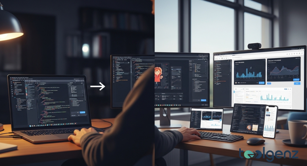 A split-screen comparison showing a dark home office with a laptop running code on the left, transitioning into a bright professional office with multiple monitors on the right.
