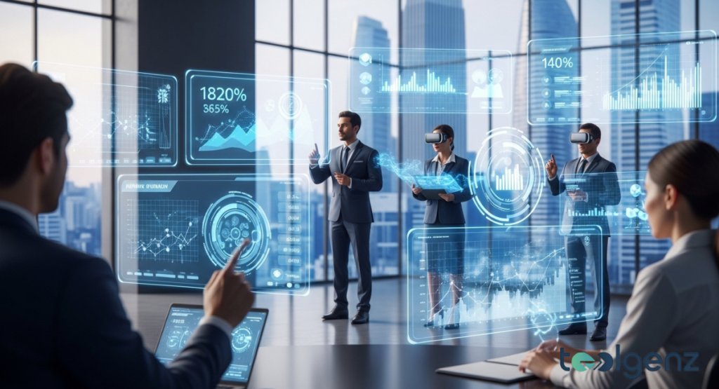 Professionals in a futuristic office interact with floating holographic data visualizations and wear VR headsets to analyze company performance.