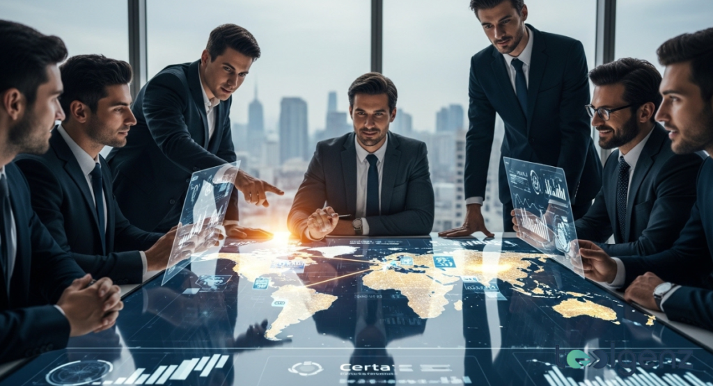 Six executives gather around an illuminated world map table, discussing expansion strategy with transparent data overlays.